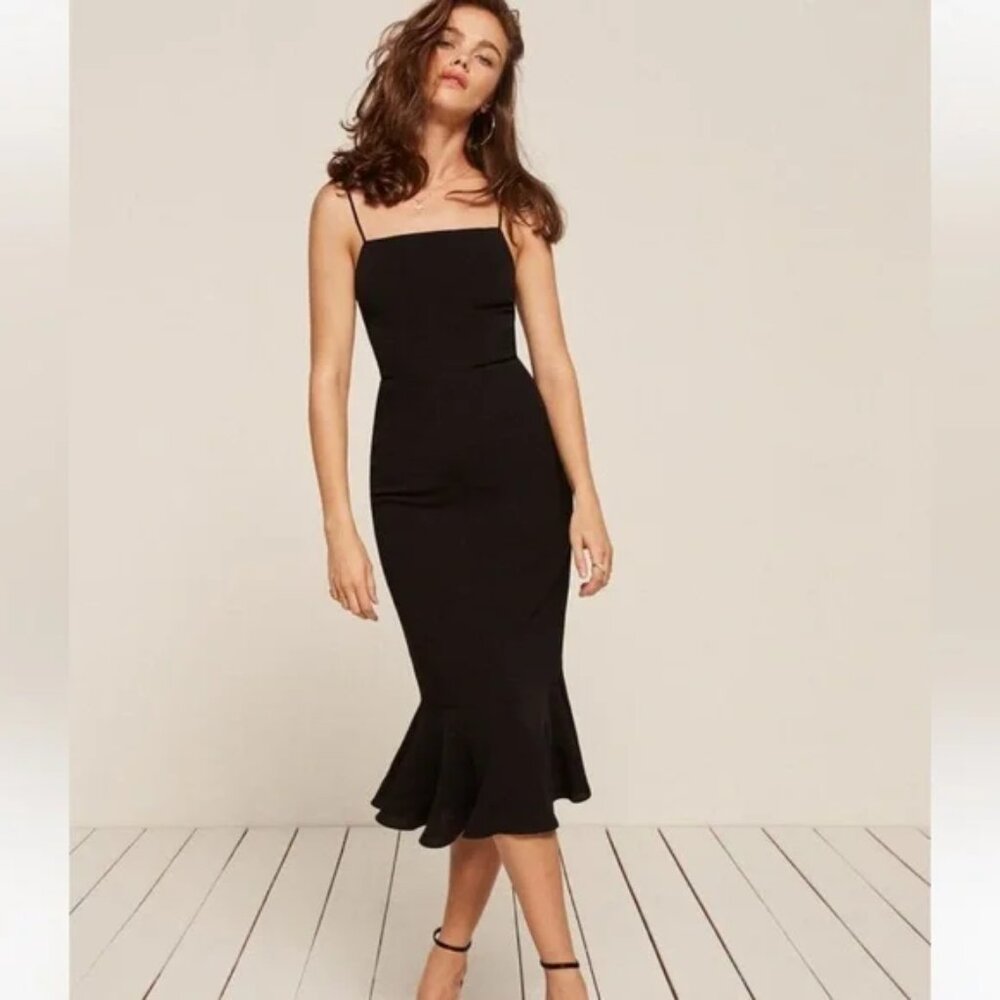 Reformation Black Spaghetti-Strap Midi Dress with Fluted Hem